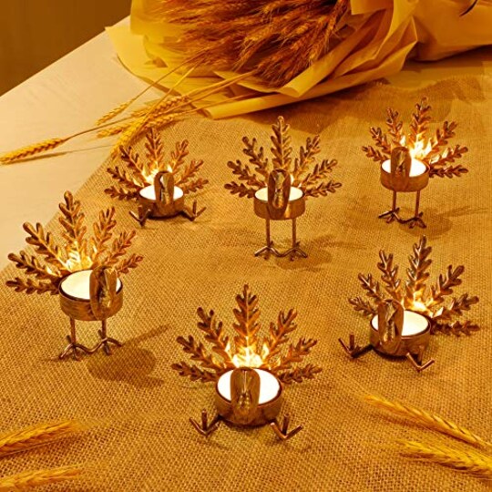 SAND MINE; SAND MINE 6 Pack Metal Turkey Tea Light Candle Holders, Thanksgiving Candle Holder, Turkey Candle Holder, Metal Candle Holder, Thanksgiving Home Table Decoration (Bronze); Category:Thanksgiving Decor; Image:1